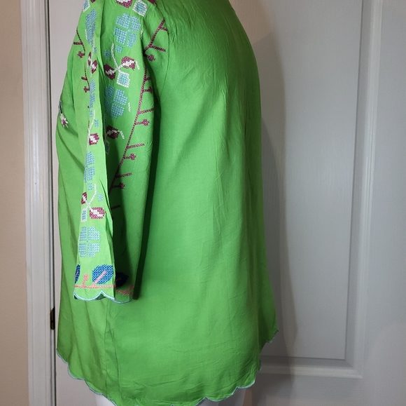 Coruja Green Embroidered 3/4 Sleeve Blouse Boho - Picture 6 of 13